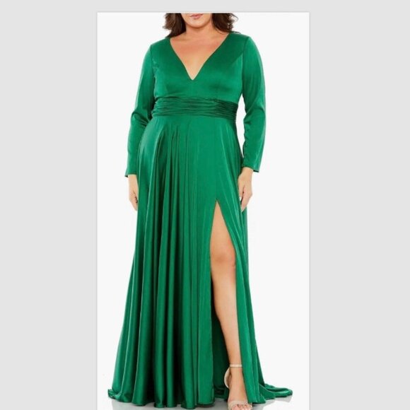 MAC DUGGAL 55245 LONG SLEEVE RUCHED WAIST A-LINE EMERALD GREEN GOWN sz 16 - Picture 5 of 12